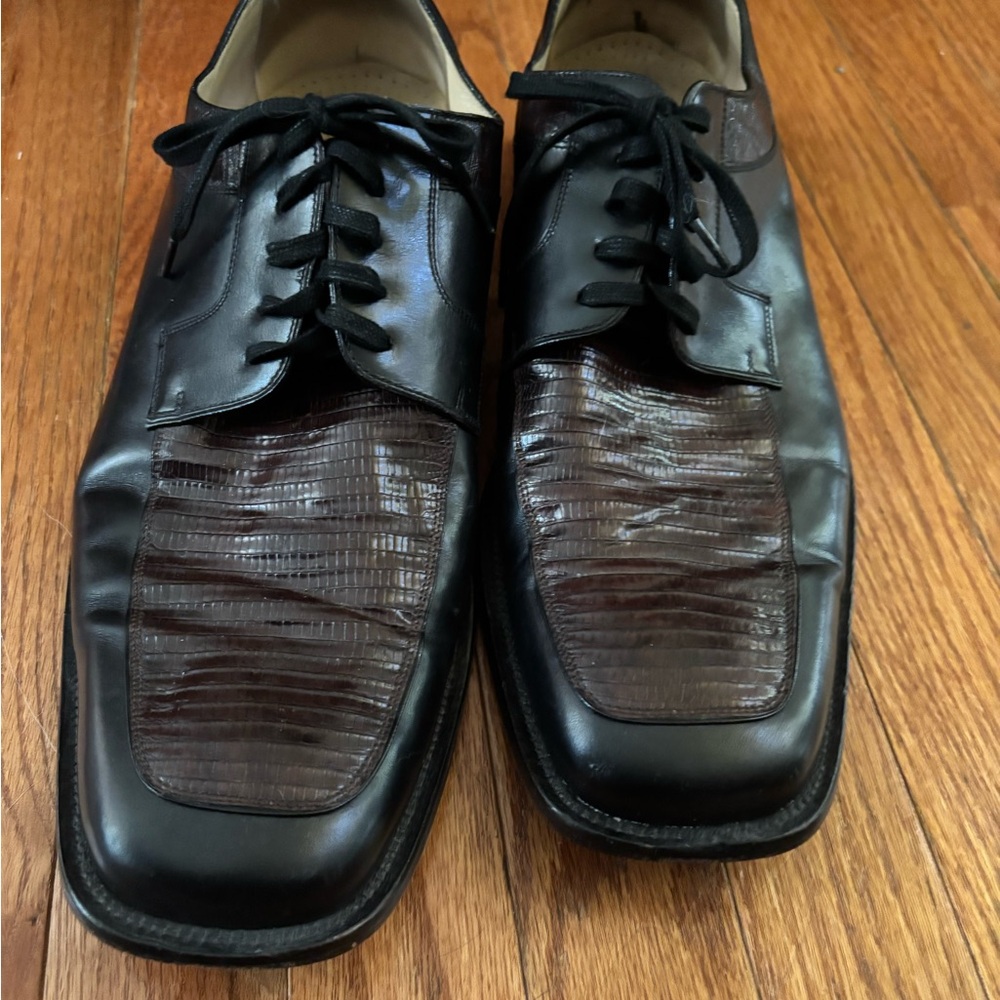 Size 14 Black and Brown Leather Shoes with Genuine Lizard Design made in Spain